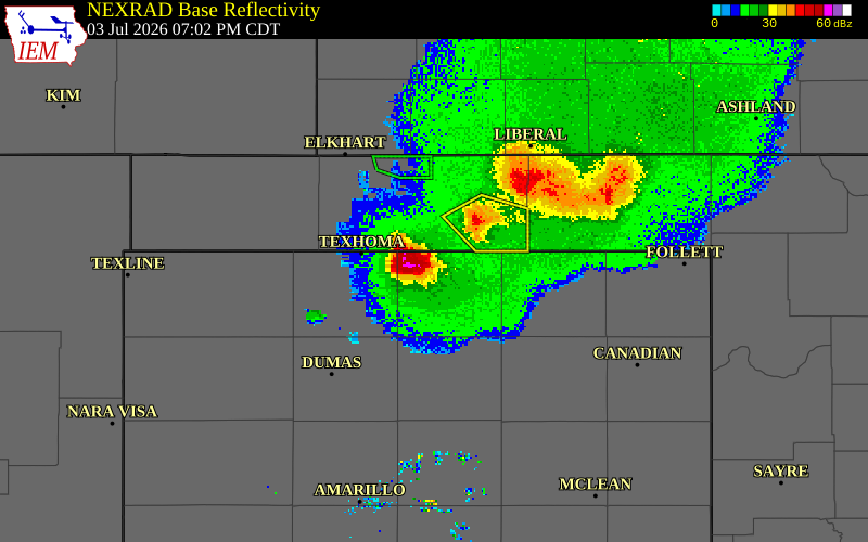 NEXRAD radar during the Friday, July 3, 2026 storm activity in Texas County, Oklahoma