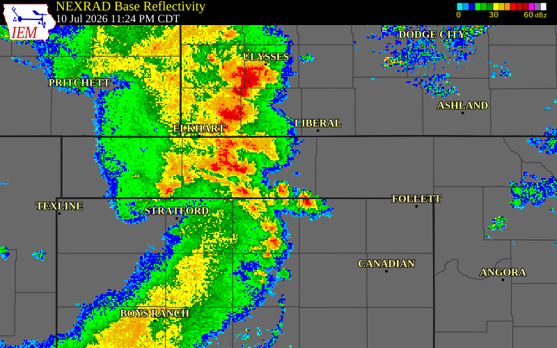 NEXRAD radar during the Friday, July 10, 2026 storm activity in Texas County, Oklahoma