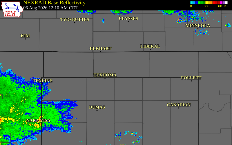 NEXRAD radar during the Thursday, August 6, 2026 storm activity in Texas County, Oklahoma