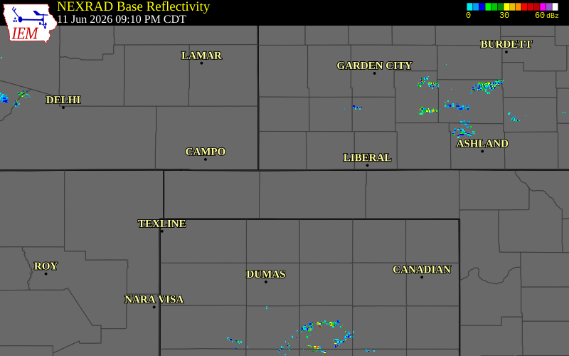 Radar snapshot during the Jun 11, 2026 wind event near 11 NE Eva, Texas County, Oklahoma, with NWS warning polygons