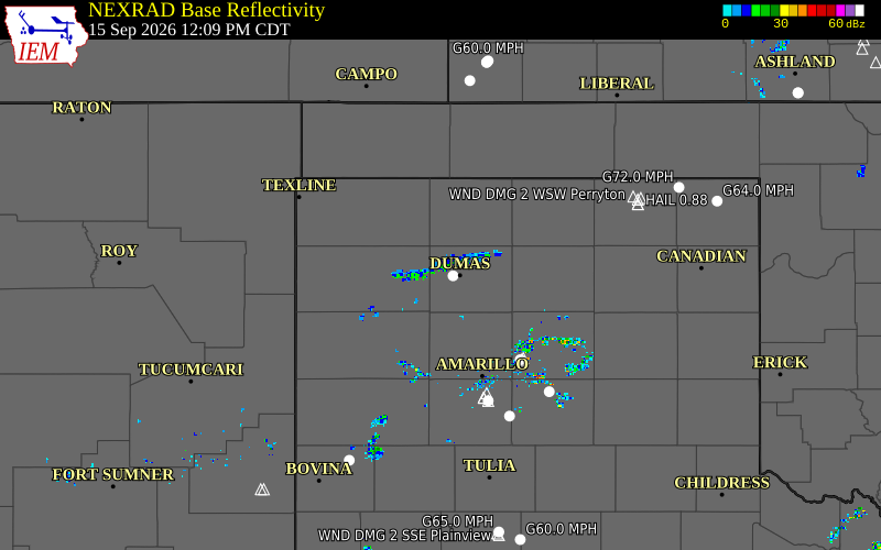 Current NEXRAD radar over Texas County, Oklahoma with recent storm report locations