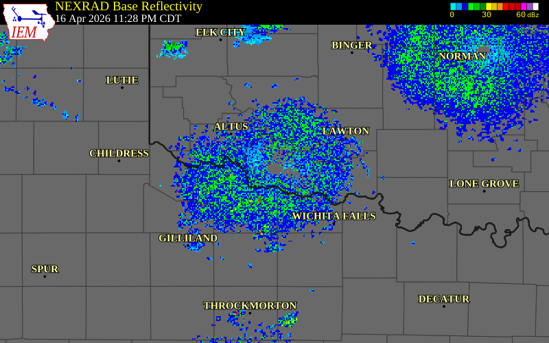 NEXRAD radar during the Thursday, April 16, 2026 storm activity in Tillman County, Oklahoma
