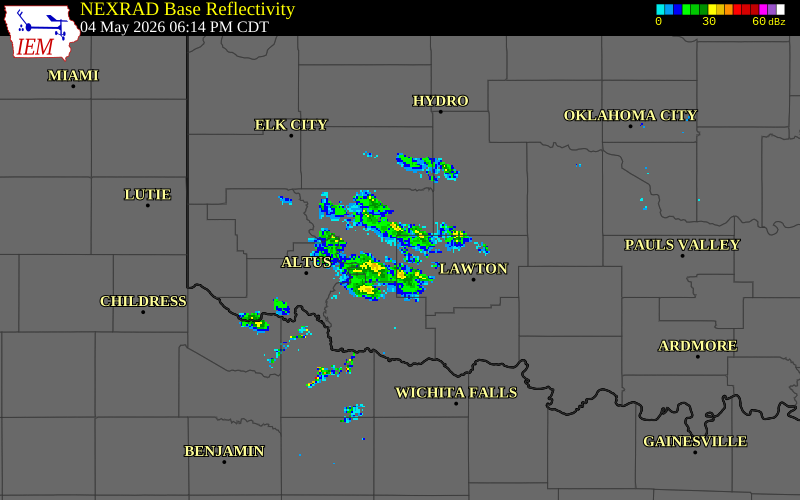 NEXRAD radar during the Monday, May 4, 2026 storm activity in Tillman County, Oklahoma