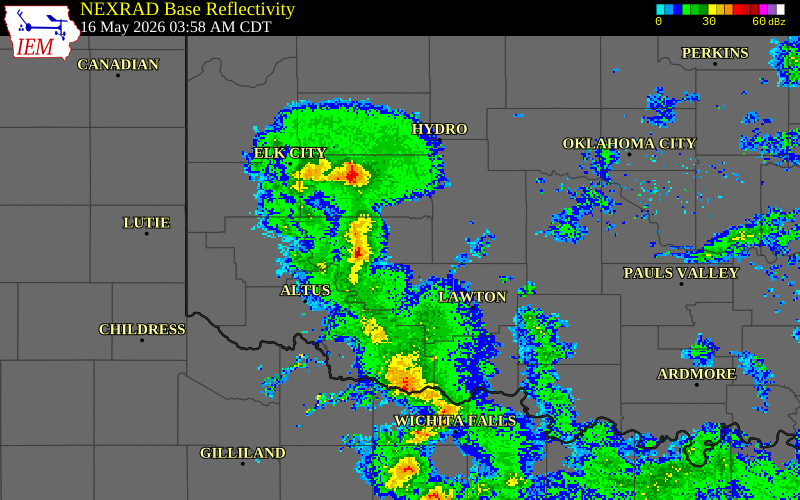 NEXRAD radar during the Saturday, May 16, 2026 storm activity in Tillman County, Oklahoma