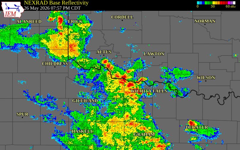 NEXRAD radar during the Tuesday, May 26, 2026 storm activity in Tillman County, Oklahoma