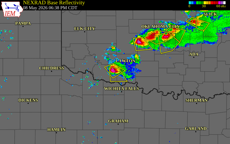 Radar snapshot during the May 8, 2026 hail event near 1 SSW Chattanooga, Tillman County, Oklahoma, with NWS warning polygons