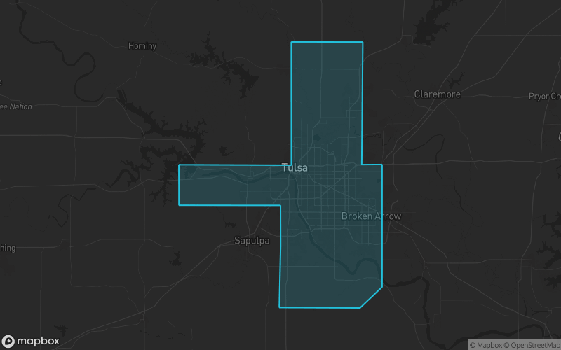 Map of Tulsa County, Oklahoma showing the county boundary and surrounding cities