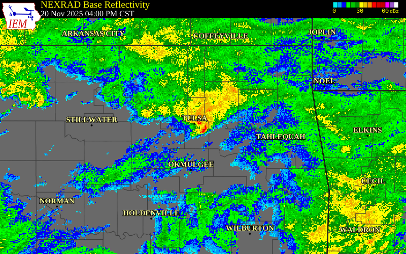 NEXRAD radar during the Thursday, November 20, 2025 storm activity in Tulsa County, Oklahoma