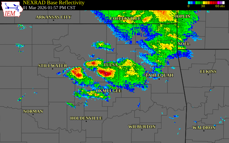 NEXRAD radar during the Sunday, March 1, 2026 storm activity in Tulsa County, Oklahoma