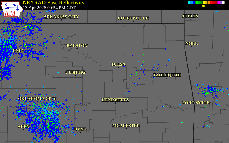 NEXRAD radar during the Monday, April 13, 2026 storm activity in Tulsa County, Oklahoma