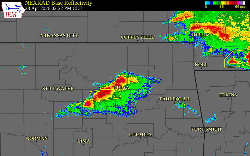 NEXRAD radar during the Tuesday, April 28, 2026 storm activity in Tulsa County, Oklahoma