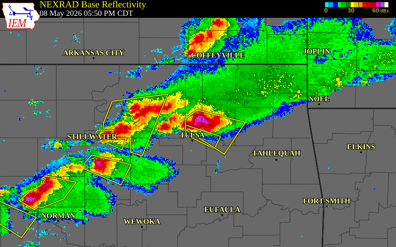 NEXRAD radar during the Friday, May 8, 2026 storm activity in Tulsa County, Oklahoma