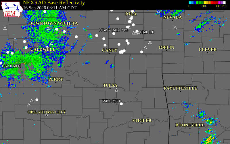 Current NEXRAD radar over Tulsa County, Oklahoma with recent storm report locations