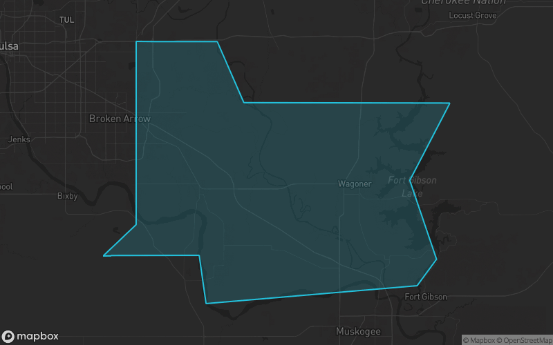 Map of Wagoner County, Oklahoma showing the county boundary and surrounding cities
