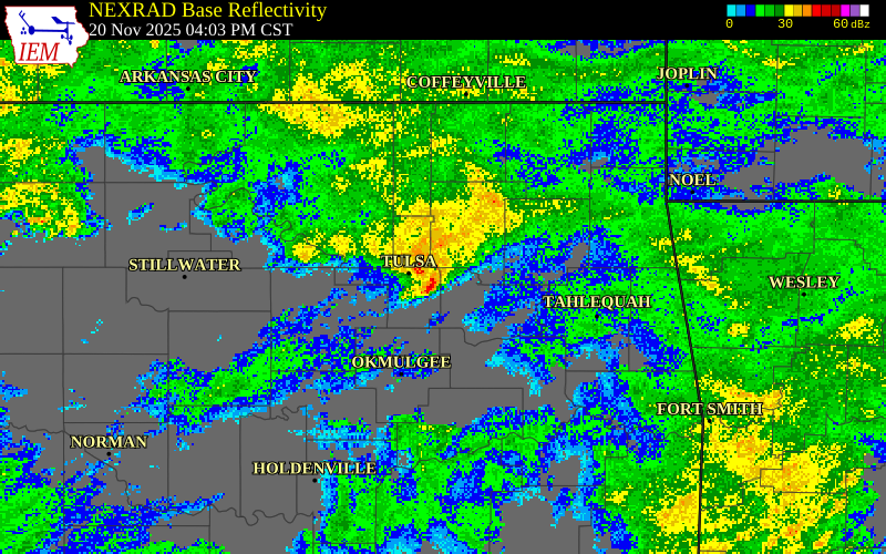 NEXRAD radar during the Thursday, November 20, 2025 storm activity in Wagoner County, Oklahoma