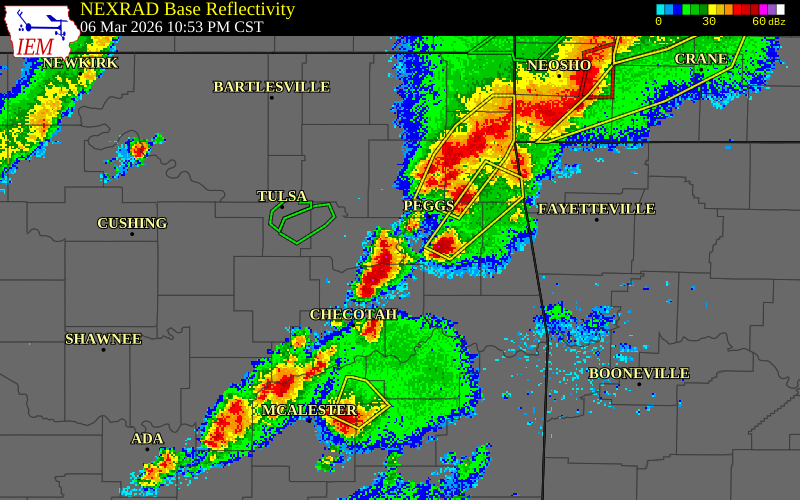 NEXRAD radar during the Friday, March 6, 2026 storm activity in Wagoner County, Oklahoma