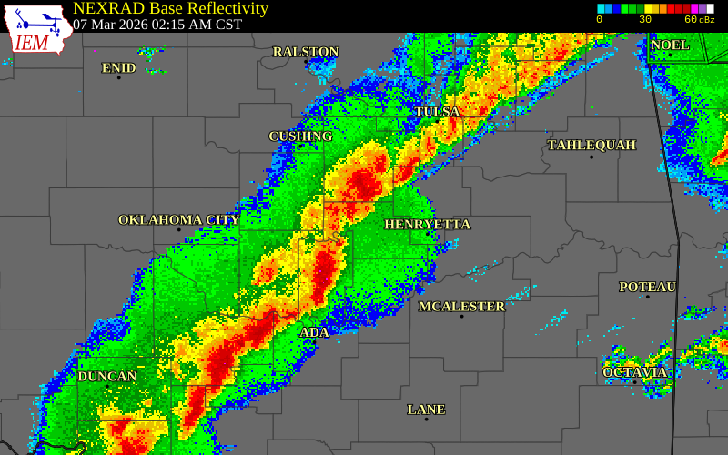 NEXRAD radar during the Saturday, March 7, 2026 storm activity in Wagoner County, Oklahoma