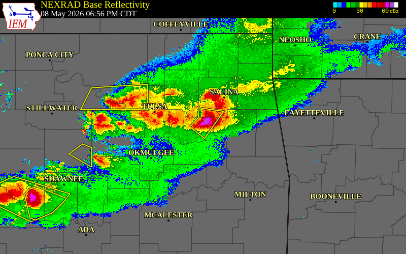 NEXRAD radar during the Friday, May 8, 2026 storm activity in Wagoner County, Oklahoma