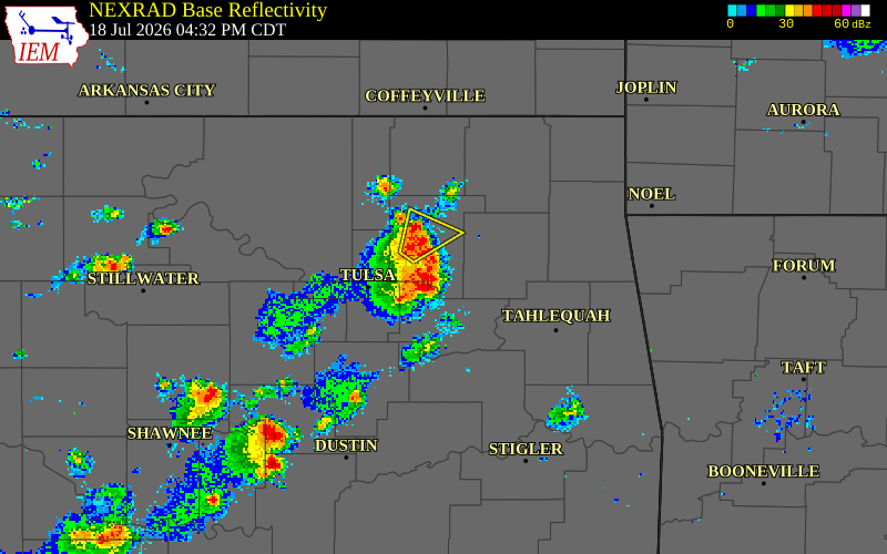 NEXRAD radar during the Saturday, July 18, 2026 storm activity in Wagoner County, Oklahoma