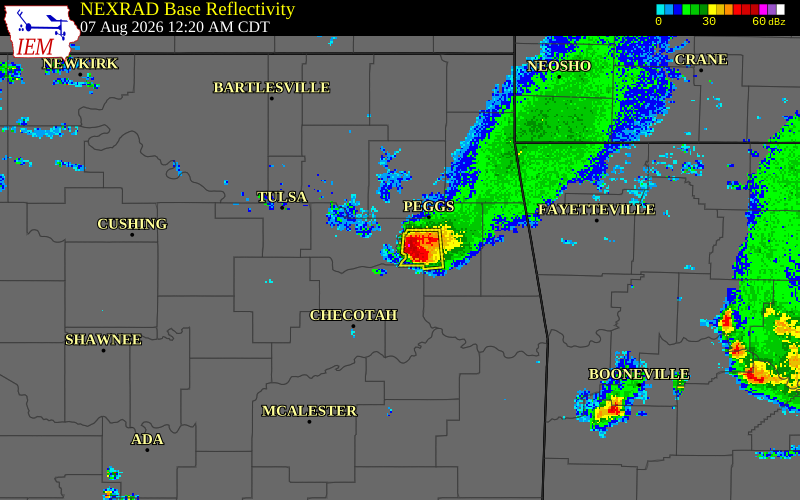 NEXRAD radar during the Friday, August 7, 2026 storm activity in Wagoner County, Oklahoma