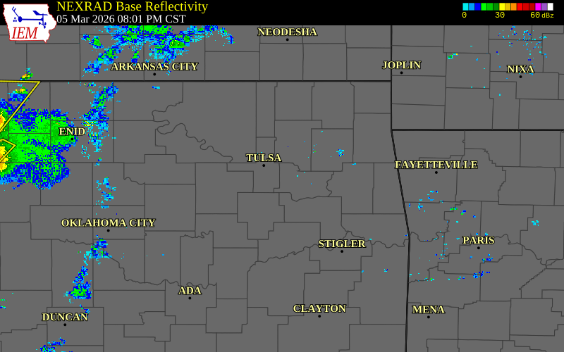 Radar snapshot during the Mar 5, 2026 tornado event near 2 WNW Oneta, Wagoner County, Oklahoma, with NWS warning polygons