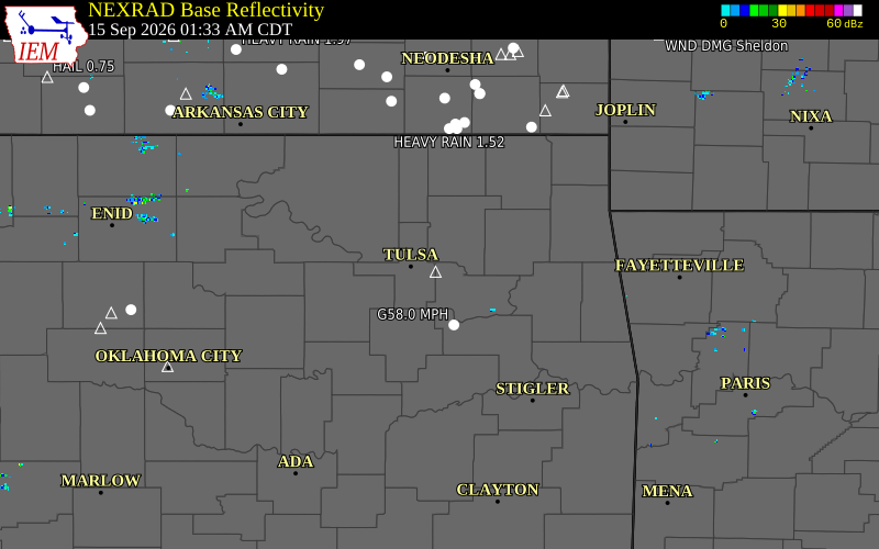 Current NEXRAD radar over Wagoner County, Oklahoma with recent storm report locations