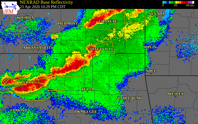 NEXRAD radar during the Thursday, April 23, 2026 storm activity in Washington County, Oklahoma