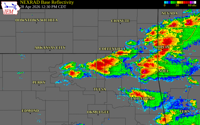NEXRAD radar during the Tuesday, April 28, 2026 storm activity in Washington County, Oklahoma