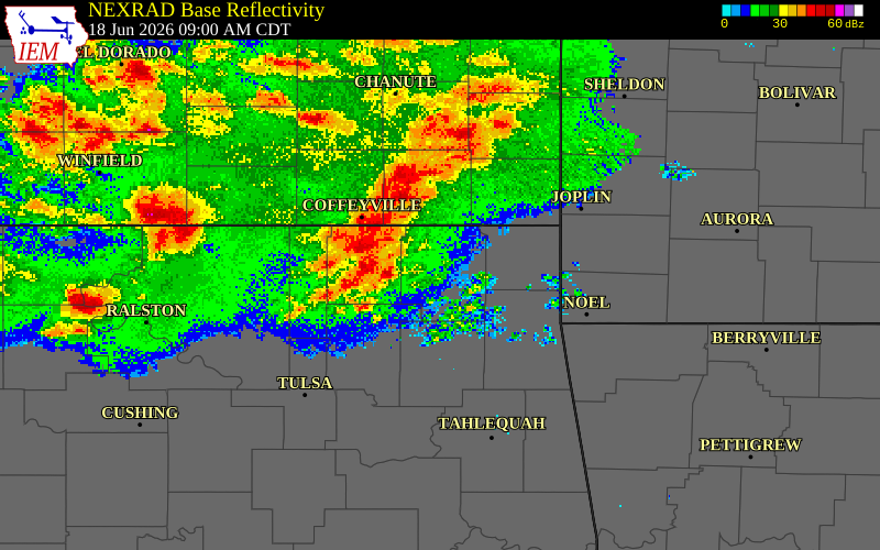 NEXRAD radar during the Thursday, June 18, 2026 storm activity in Washington County, Oklahoma