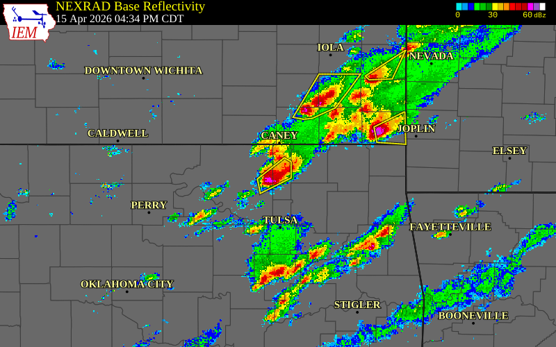 Radar snapshot during the Apr 15, 2026 hail event near 3 SSE Bartlesville, Washington County, Oklahoma, with NWS warning polygons