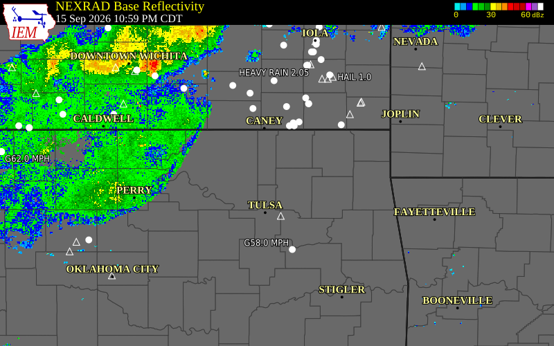 Current NEXRAD radar over Washington County, Oklahoma with recent storm report locations