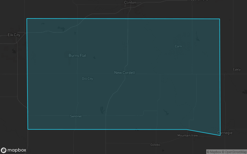 Map of Washita County, Oklahoma showing the county boundary and surrounding cities