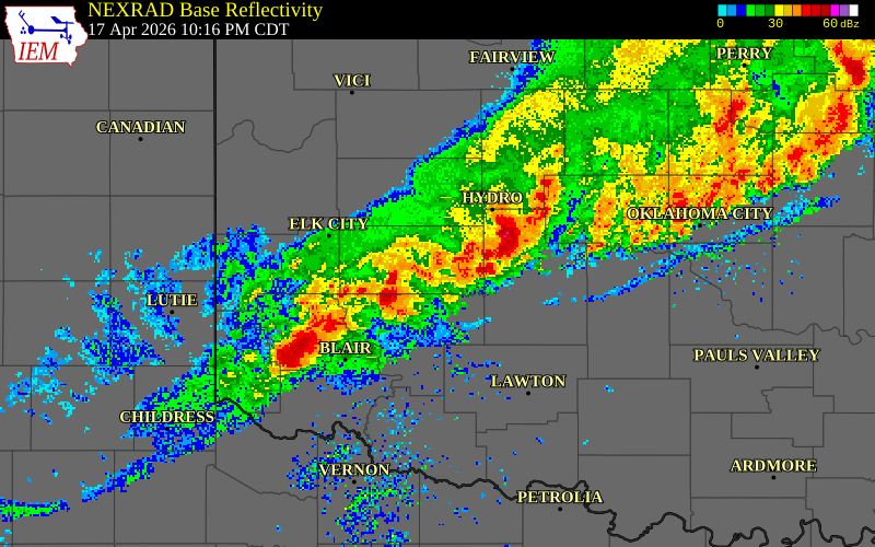 NEXRAD radar during the Friday, April 17, 2026 storm activity in Washita County, Oklahoma