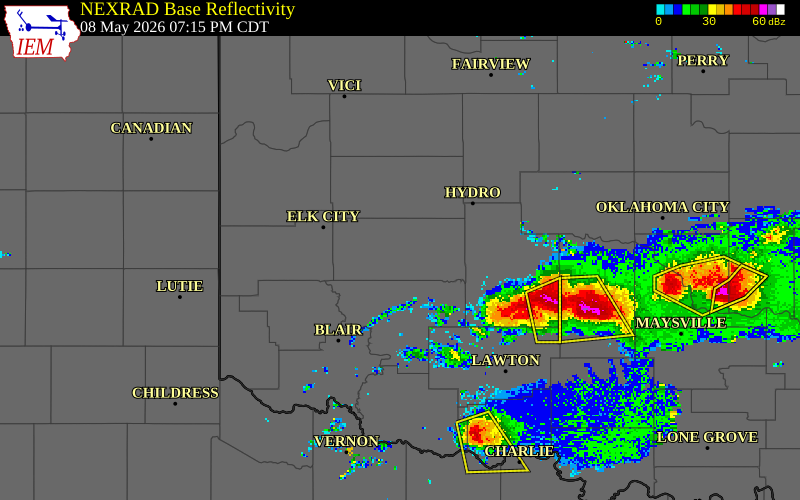 NEXRAD radar during the Friday, May 8, 2026 storm activity in Washita County, Oklahoma