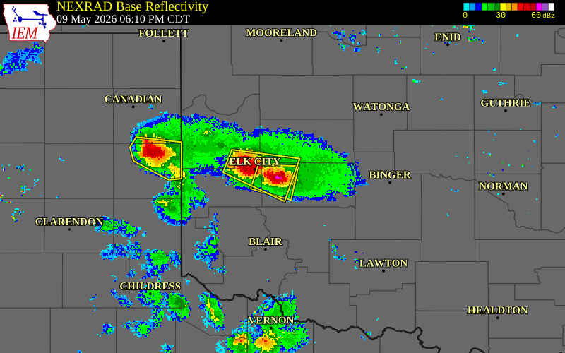 NEXRAD radar during the Saturday, May 9, 2026 storm activity in Washita County, Oklahoma