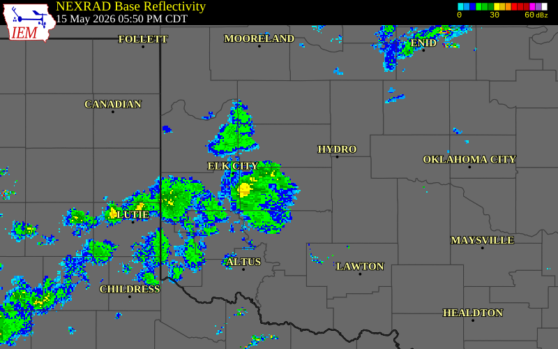 NEXRAD radar during the Friday, May 15, 2026 storm activity in Washita County, Oklahoma