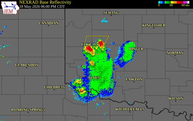 NEXRAD radar during the Monday, May 18, 2026 storm activity in Washita County, Oklahoma