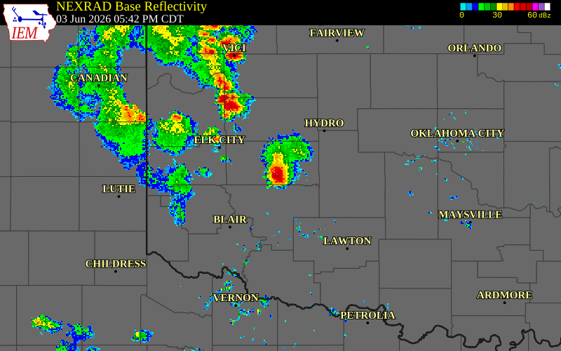 NEXRAD radar during the Wednesday, June 3, 2026 storm activity in Washita County, Oklahoma