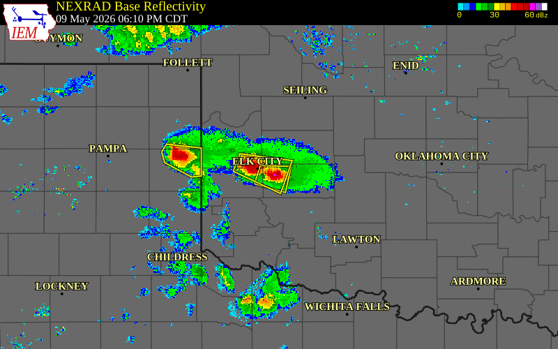 Radar snapshot during the May 9, 2026 hail event near 1 WNW Burns Flat, Washita County, Oklahoma, with NWS warning polygons