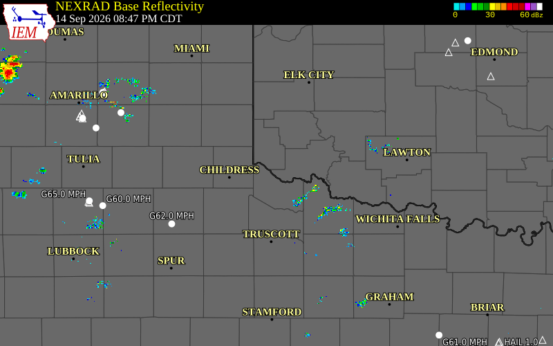 Current NEXRAD radar over Washita County, Oklahoma with recent storm report locations