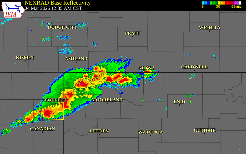 NEXRAD radar during the Wednesday, March 4, 2026 storm activity in Woods County, Oklahoma
