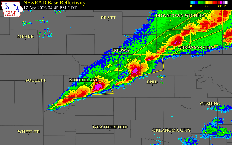NEXRAD radar during the Friday, April 17, 2026 storm activity in Woods County, Oklahoma