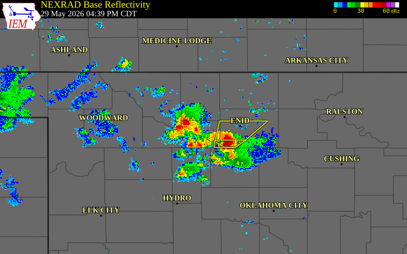 NEXRAD radar during the Friday, May 29, 2026 storm activity in Woods County, Oklahoma