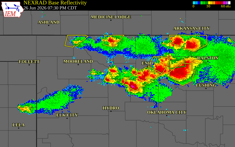 NEXRAD radar during the Friday, June 26, 2026 storm activity in Woods County, Oklahoma