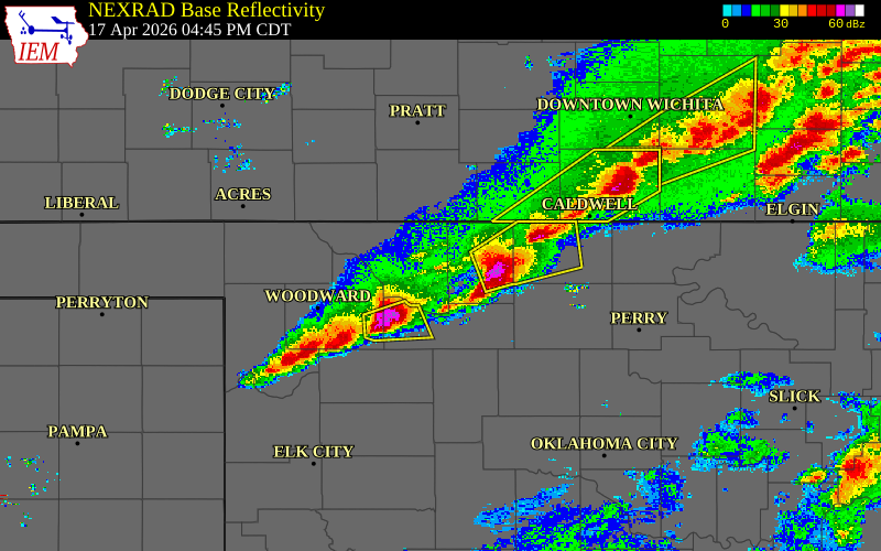 Radar snapshot during the Apr 17, 2026 hail event near 2 WSW Dacoma, Woods County, Oklahoma, with NWS warning polygons