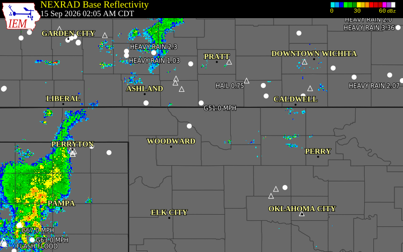Current NEXRAD radar over Woods County, Oklahoma with recent storm report locations