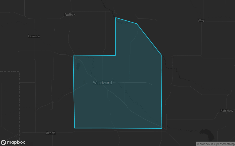 Map of Woodward County, Oklahoma showing the county boundary and surrounding cities