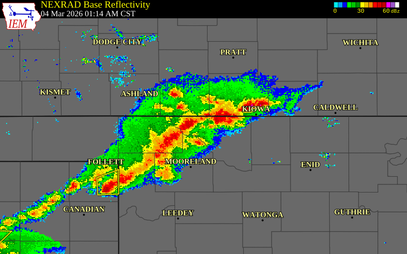 NEXRAD radar during the Wednesday, March 4, 2026 storm activity in Woodward County, Oklahoma