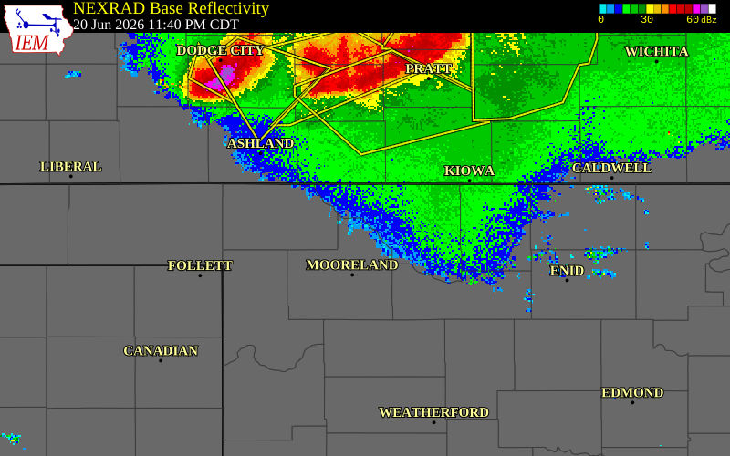NEXRAD radar during the Saturday, June 20, 2026 storm activity in Woodward County, Oklahoma