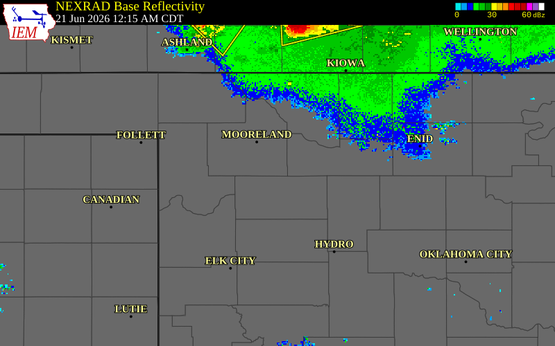 NEXRAD radar during the Sunday, June 21, 2026 storm activity in Woodward County, Oklahoma